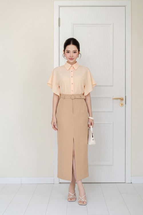 Beige Woven Pencil Skirt