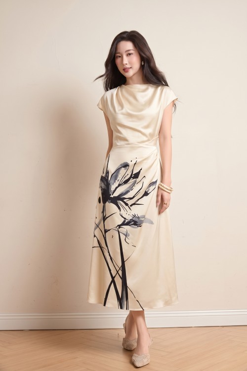 Cream Graphic Silk Flared Dress