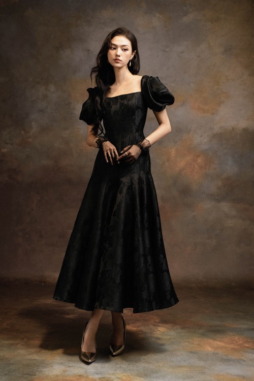 Black Brocade Flared Dress