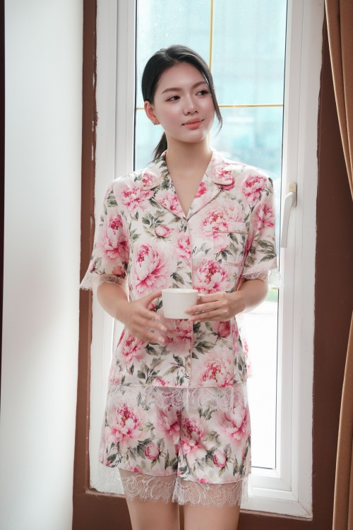 White Peony Silk Blouse And Shorts