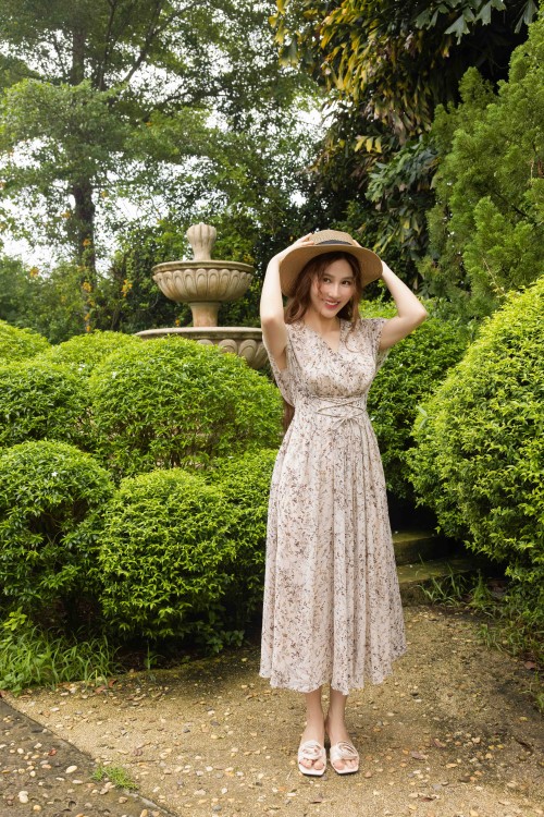 Beige Floral Organza Flared Dress