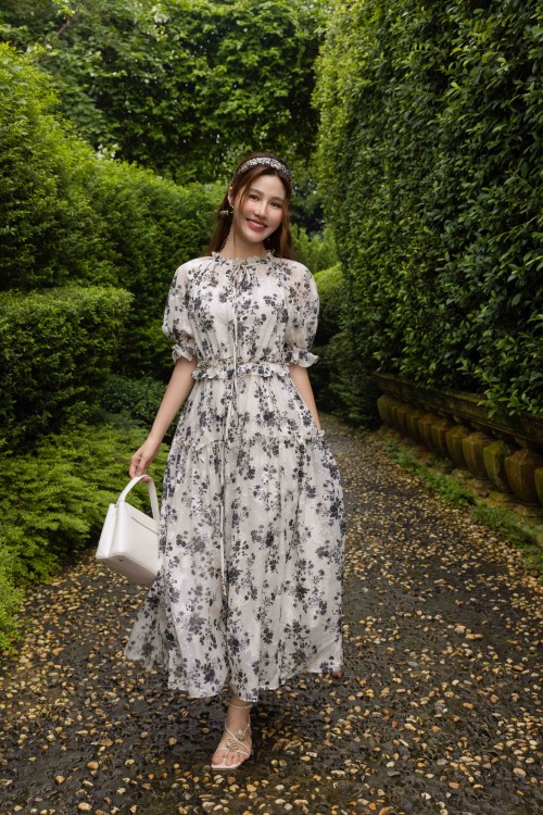Cream Organza Flared Dress