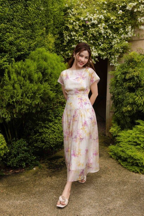 Dark Beige Floral Organza Flared Dress