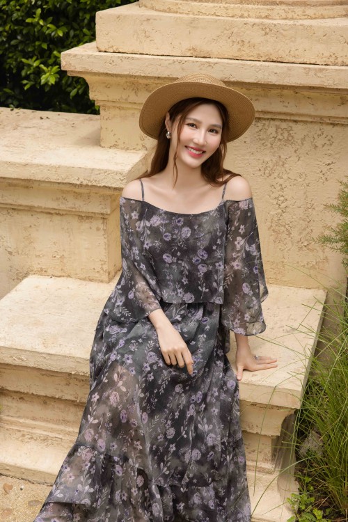 Black Floral Organza Flared Dress
