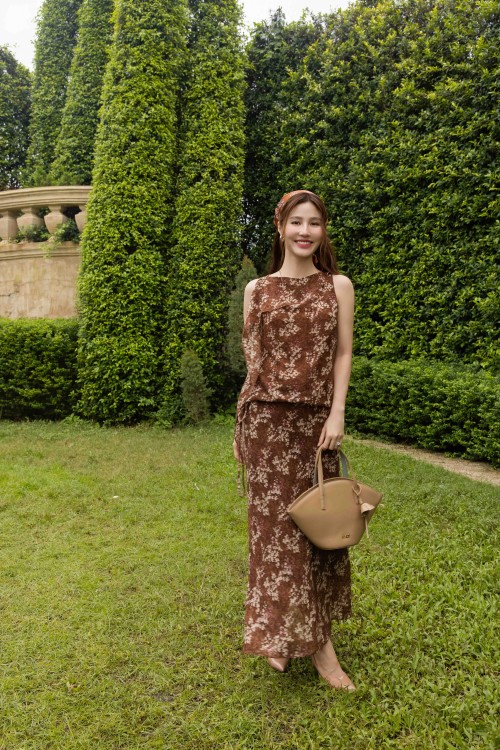 Yellowish Brown Floral Organza Mermaid Skirt