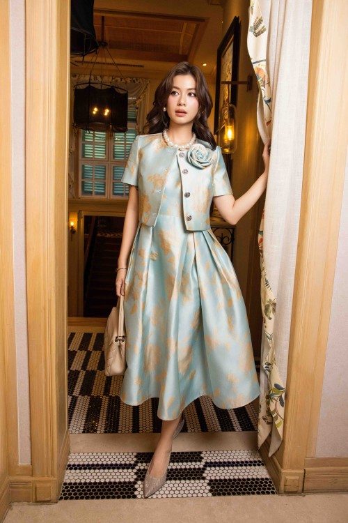 Mint Brocade Flared Dress &amp; Vest