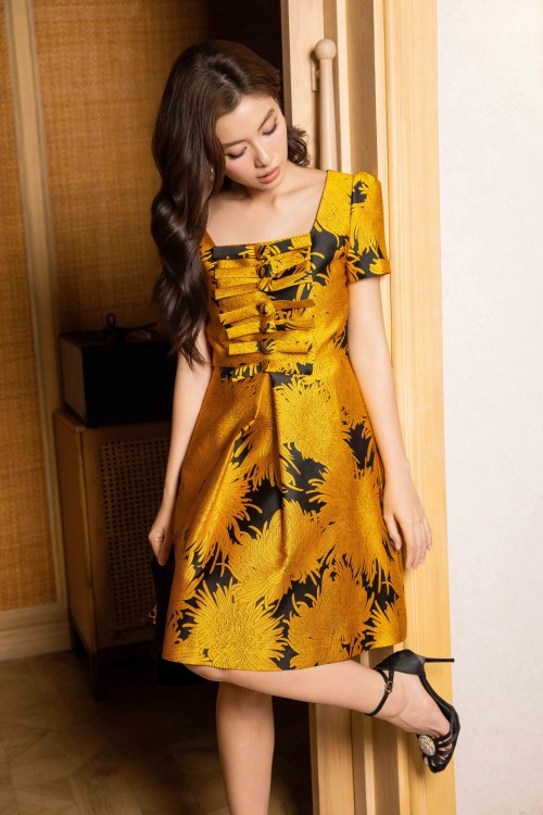 Black Floral Brocade Flared Dress