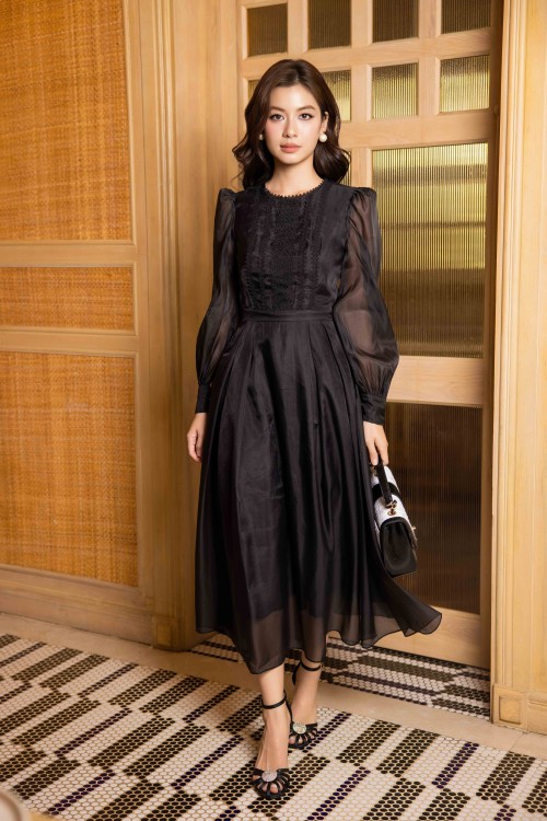 Black Organza Flared Dress