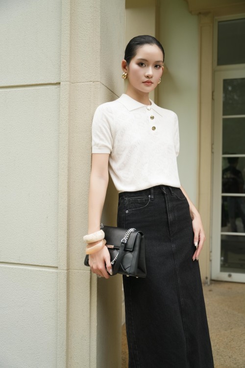 White Text Knit Blouse