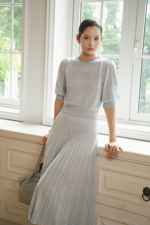 Sky Blue Knit Blouse &amp; Skirt