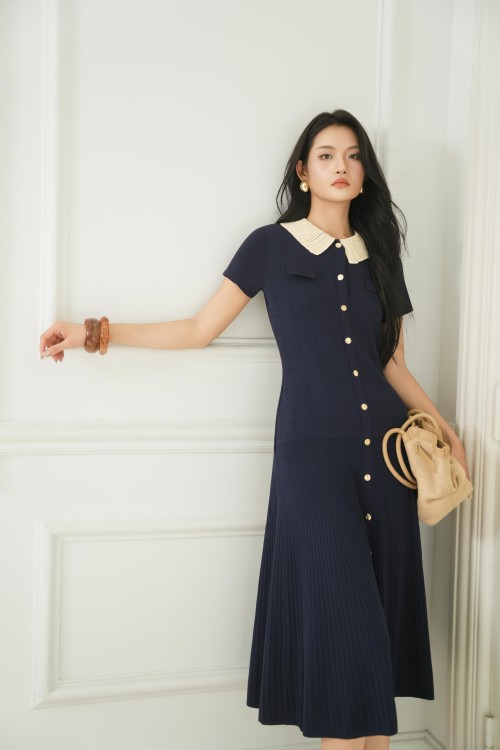 Royal Blue Button Knit Flared Dress