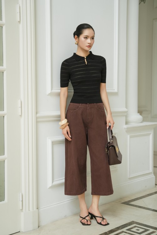 Black Sheer Stripe Knit Polo