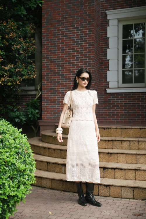 Cream Knit Blouse & Skirt