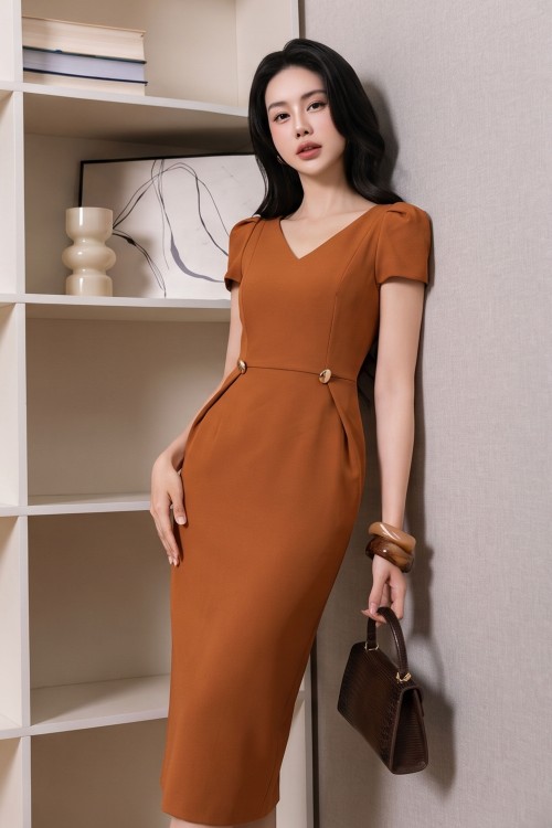 Sixdo Ochre Woven Pencil Dress
