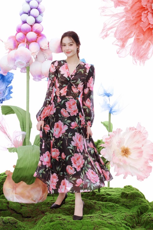 Black Peony Organza Flared Dress