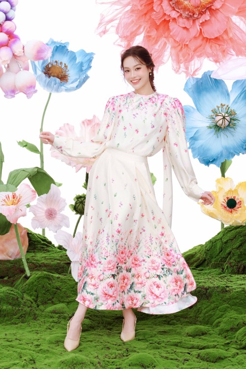 Cream Peony Silk Flared Skirt