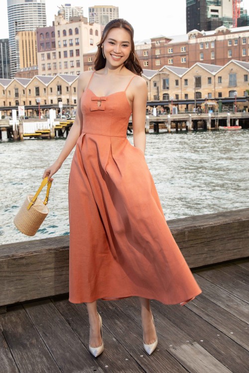 Salmon Strappy Midi Linen Dress