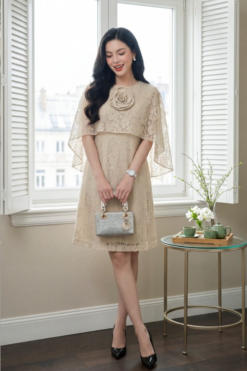 Beige Lace Loose Dress With Flower