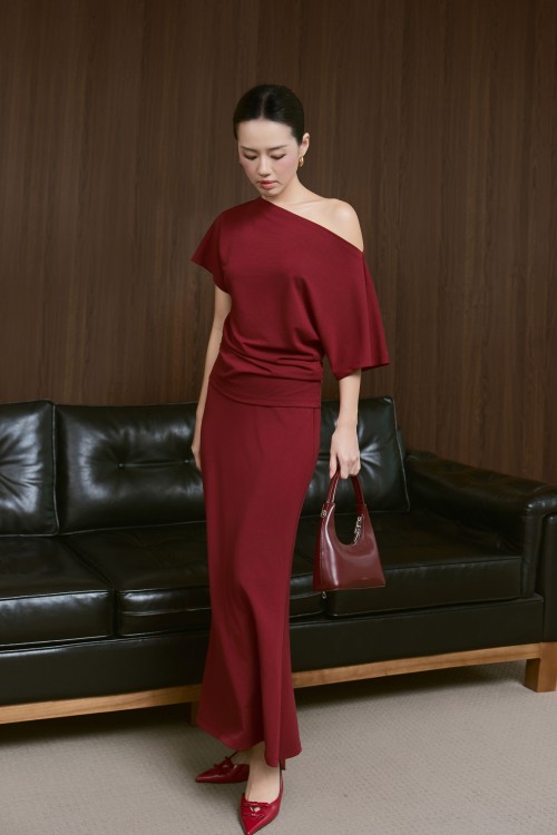 Dark Red Knit Blouse &amp; Skirt