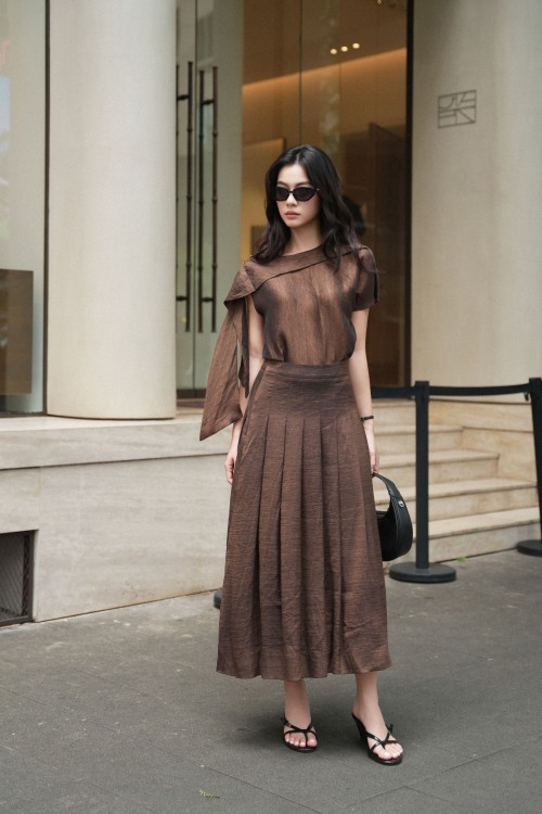 Brown Organza Flared Skirt