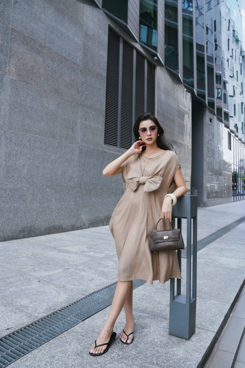 Light Brown Bowtie Linen Loose Dress