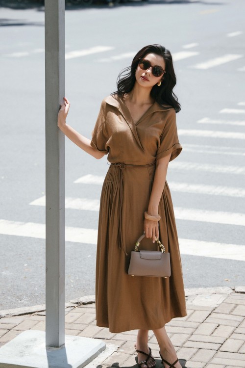 Brown Linen Flared Dress With Belt