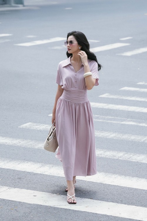 Light Murrey Linen Flared Dress