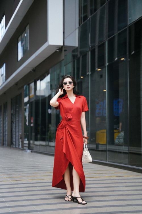 Dark Red 3D Flower Linen Sarong Dress