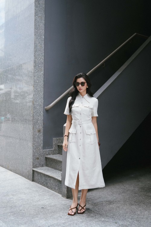 Off White Linen Flared Dress