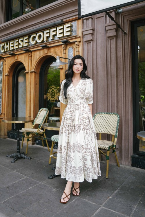 Dark Cream Linen Flared Dress
