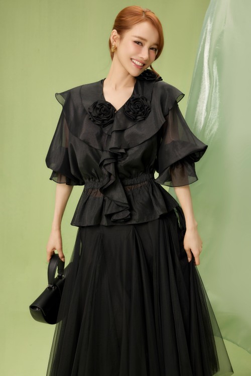 Black 3D Flower Organza Blouse