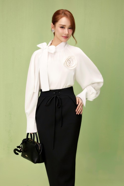 White Silk Blouse Witn Flower
