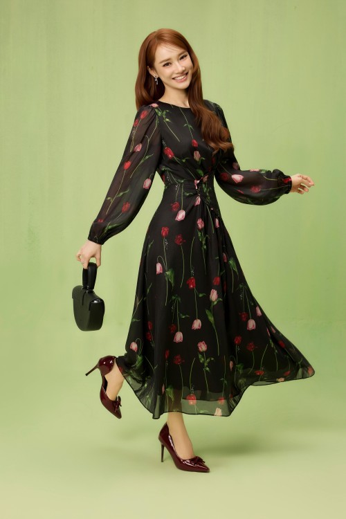 Black Floral Organza Flared Dress