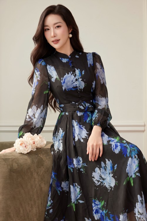 Sixdo Blue &amp; Black Organza Flared Dress