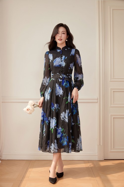 Blue &amp; Black Organza Flared Dress