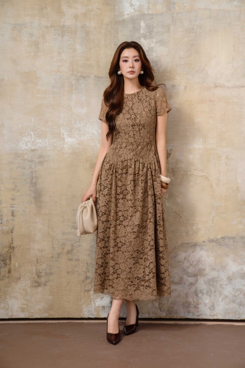 Teak Lace Flared Dress With Flower