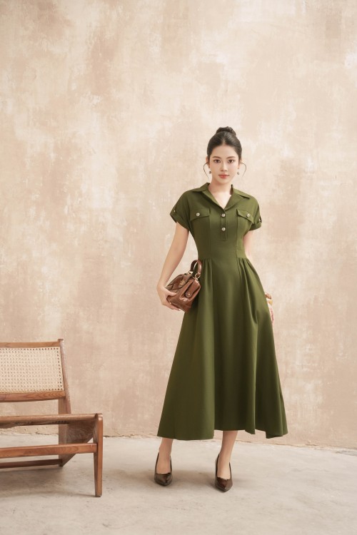 Dark Olive Green Woven Flared Dress