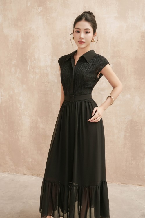 Black Chiffon Flared Dress