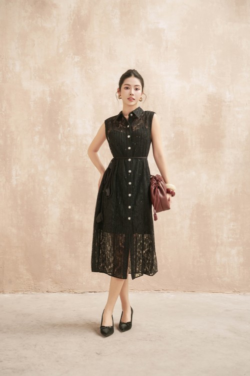 Black Lace Loose Dress With Flower