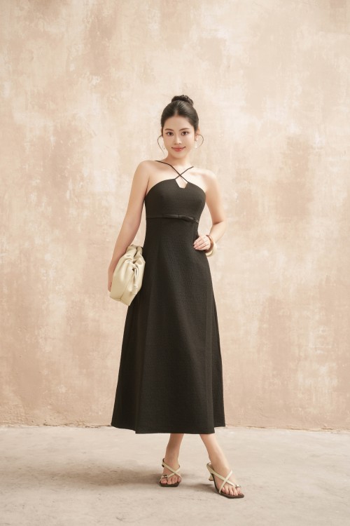 Black Halter Neck Midi Woven Dress