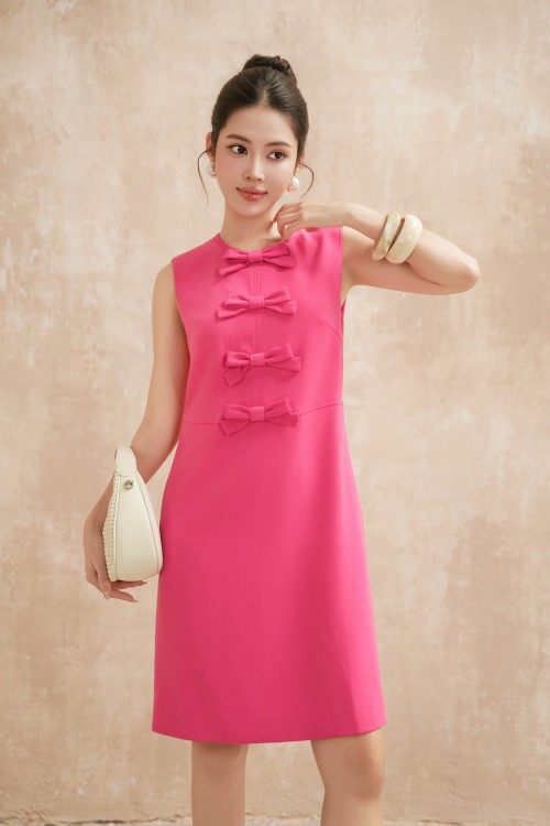 Magenta Bowtie Woven Loose Dress
