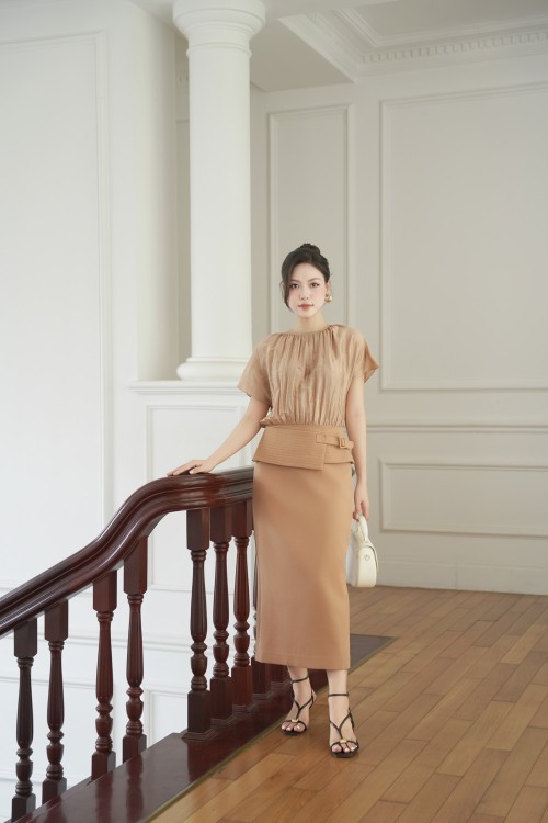 Brownish-beige Woven Pencil Dress
