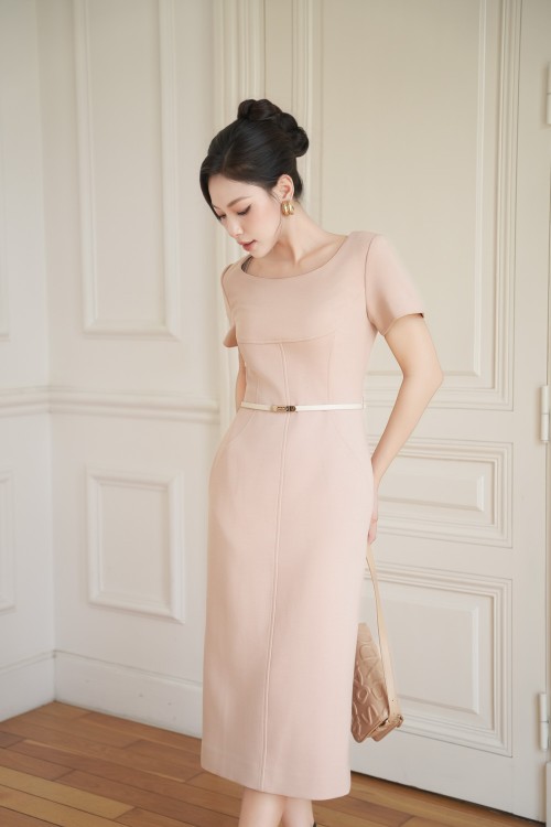 Nude Woven Pencil Dress With Belt