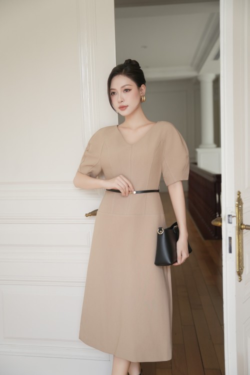 Brownish-beige Woven Flared Dress With Belt