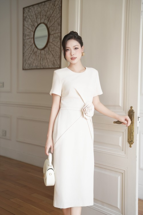 Cream 3D Flower Woven Pencil Dress