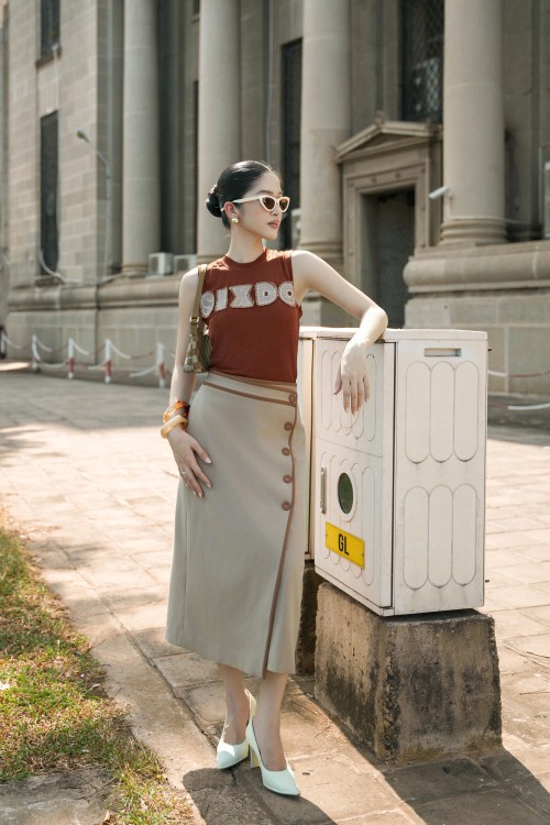Brownish-beige Woven Pencil Skirt