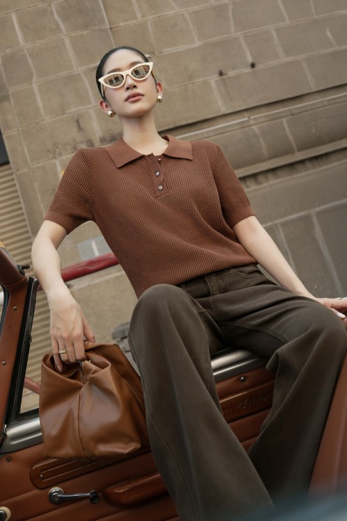Brown Textured Knit Polo