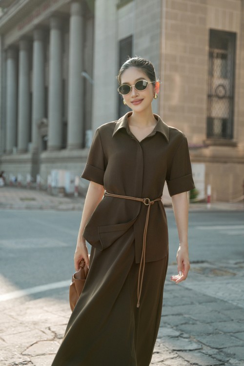 Dark Brown Woven Shirt With Belt