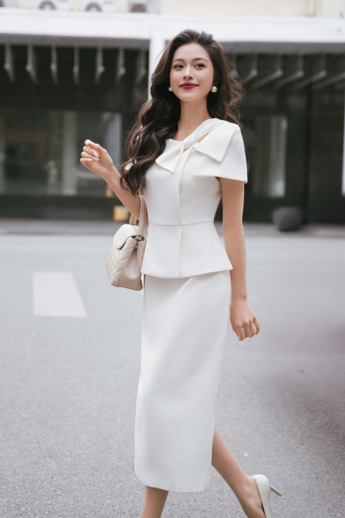 Bowtie White Woven Pencil Dress
