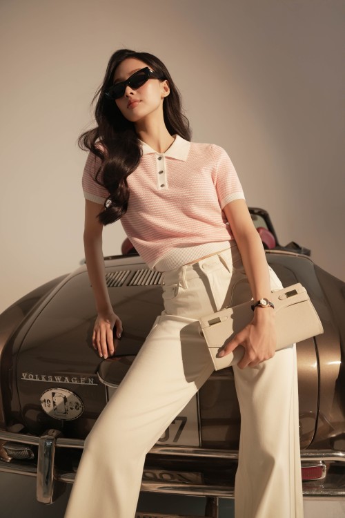 White Pink Stripe Knit Polo